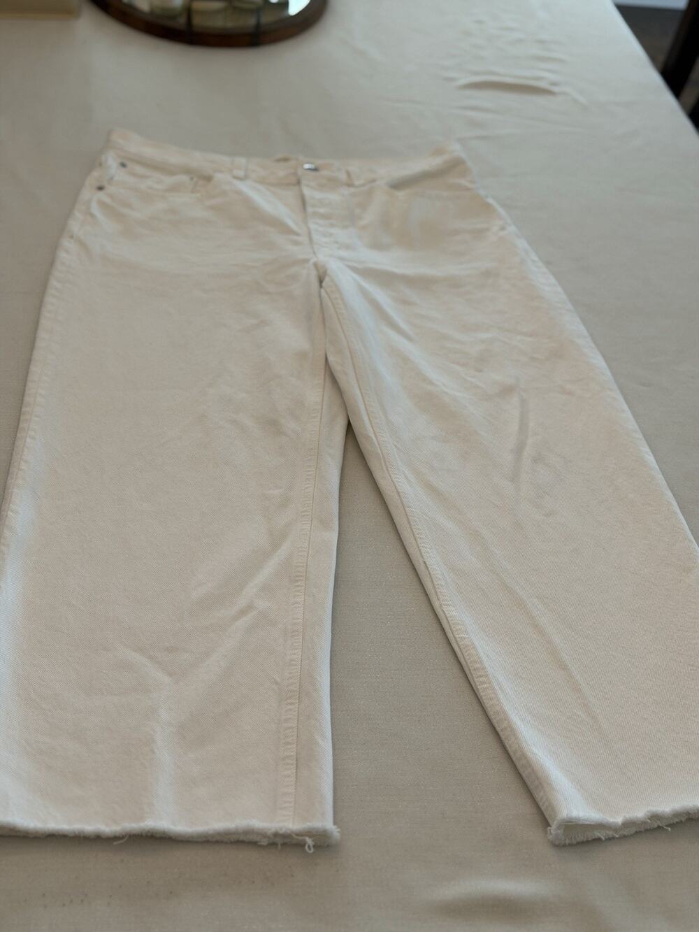 Madewell Low Slung Baggy Cropped Jeans Frayed Hem White Denim Sz 28